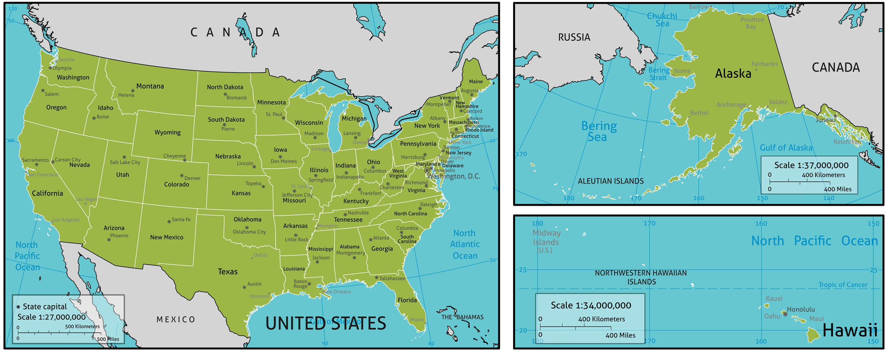 Map of America with State Names -  Capitals and Major Cities